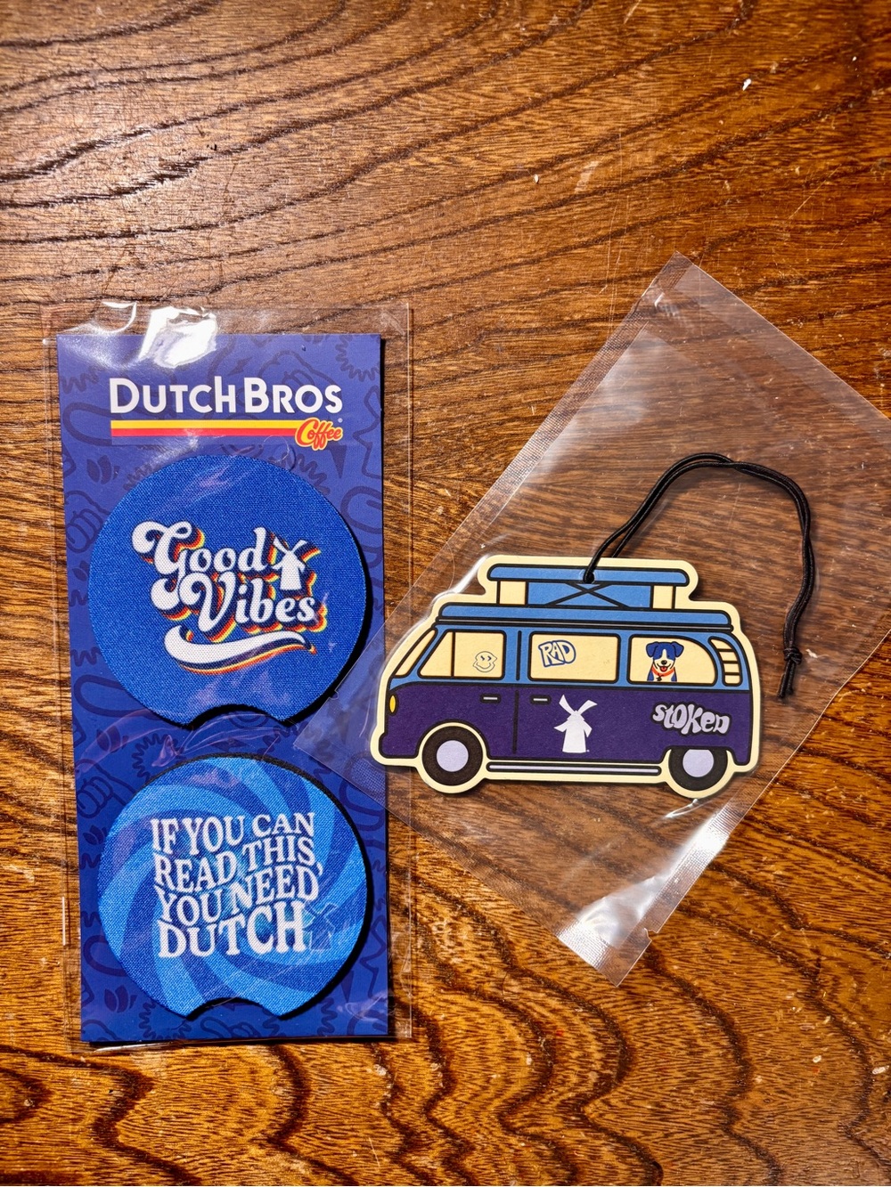 Dutch Bros Blue 'Good Vibes' Car Coaster Set + Van Air Freshener